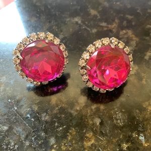 Pink and Clear Rhinestoned Clip On Earrings